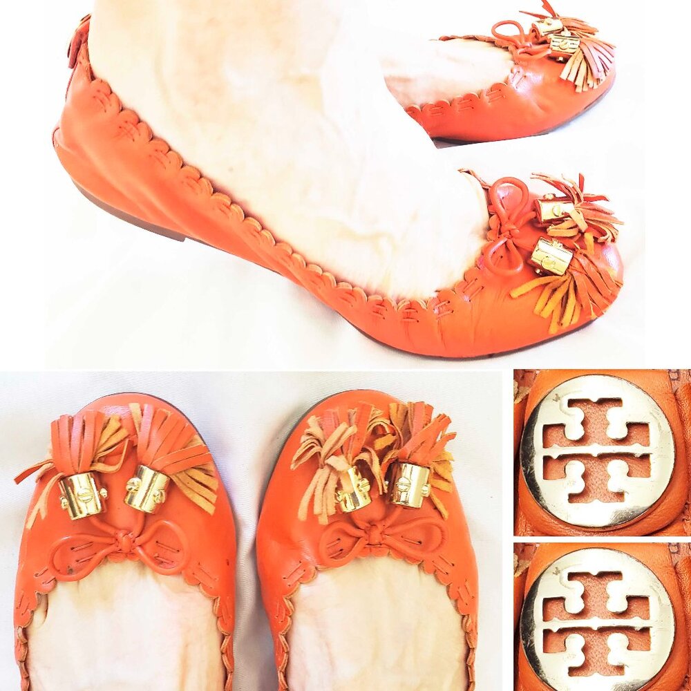 Tory Burch Womens Burnt Orange Leather Tassel Ballet Flats Shoes 8 M